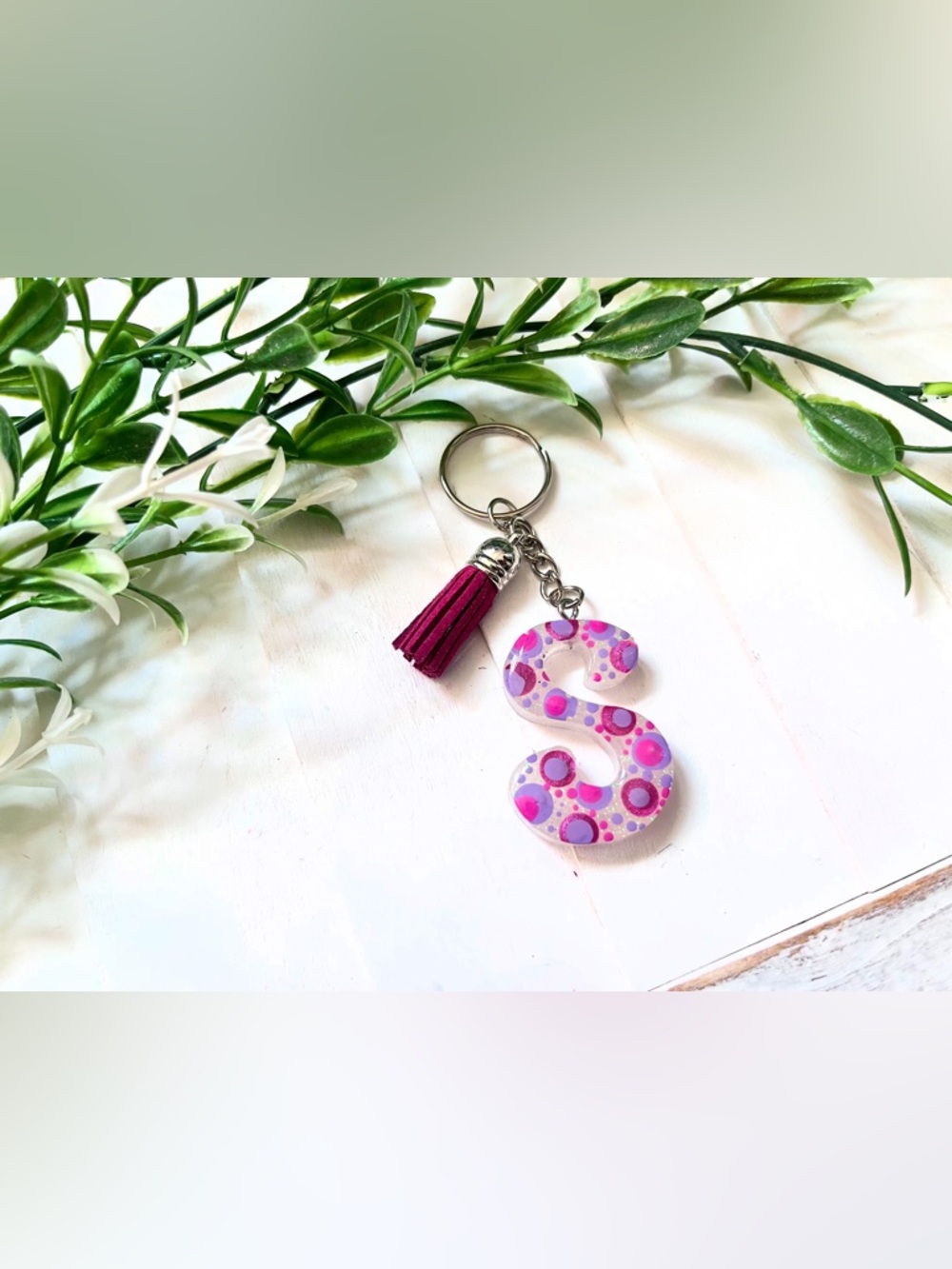New Monogram 'S' Keychain with Pink Tassel